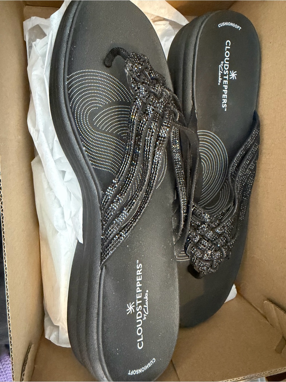 Clarks Black Beaded Slip-On Thong Sandals